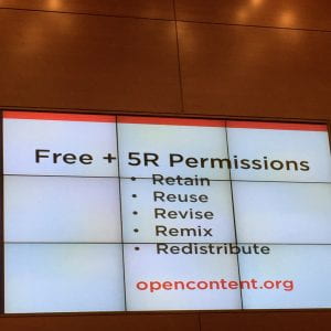 slide - Free + 5R Permissions: Retain, Reuse, Revise, Remix, Redistribute. Opencontent.org