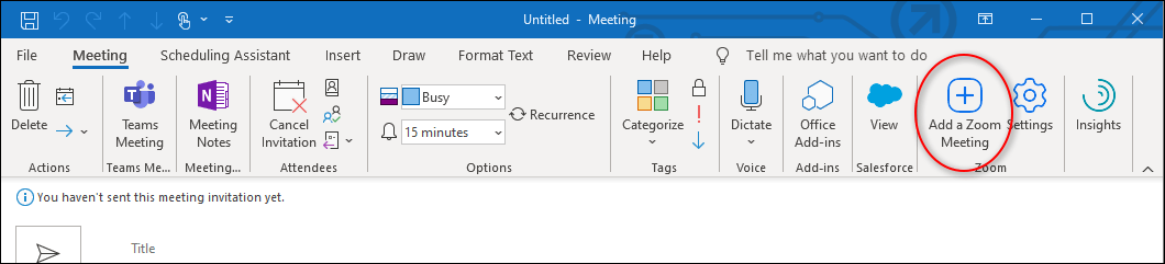 A screen capture of the button to add a Zoom meeting in the Outlook desktop application for Windows