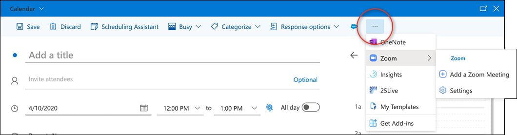 A screen capture of the button to add a Zoom meeting in Outlook for web on MacOS